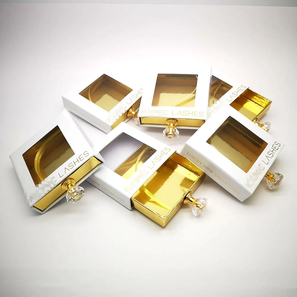 
Private label Square Gold Paper Mink Eye lash Packaging Storage Box with plastic handle 