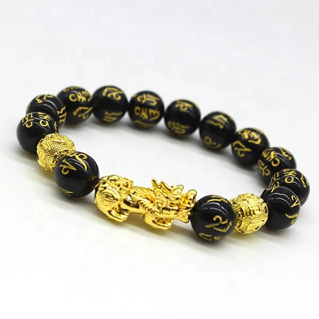 
Wholesale Charm Lucky Fortune Natural Feng Shui Black Obsidian Pixiu Bracelet For Men and Women 