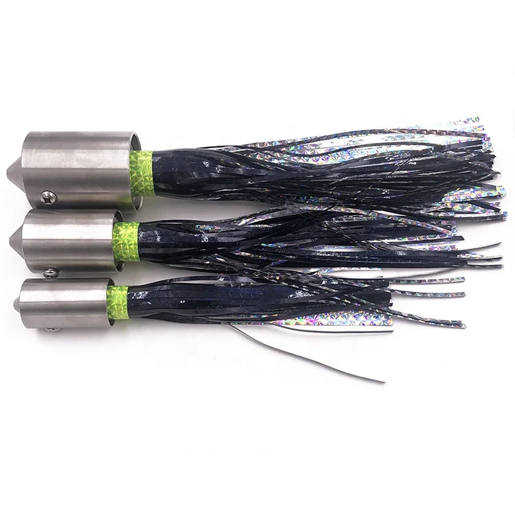 Heavy duty stainless steel rattle head trolling fishing lure mylar skirt saltwater game fishing tackle wholesale tuna lure