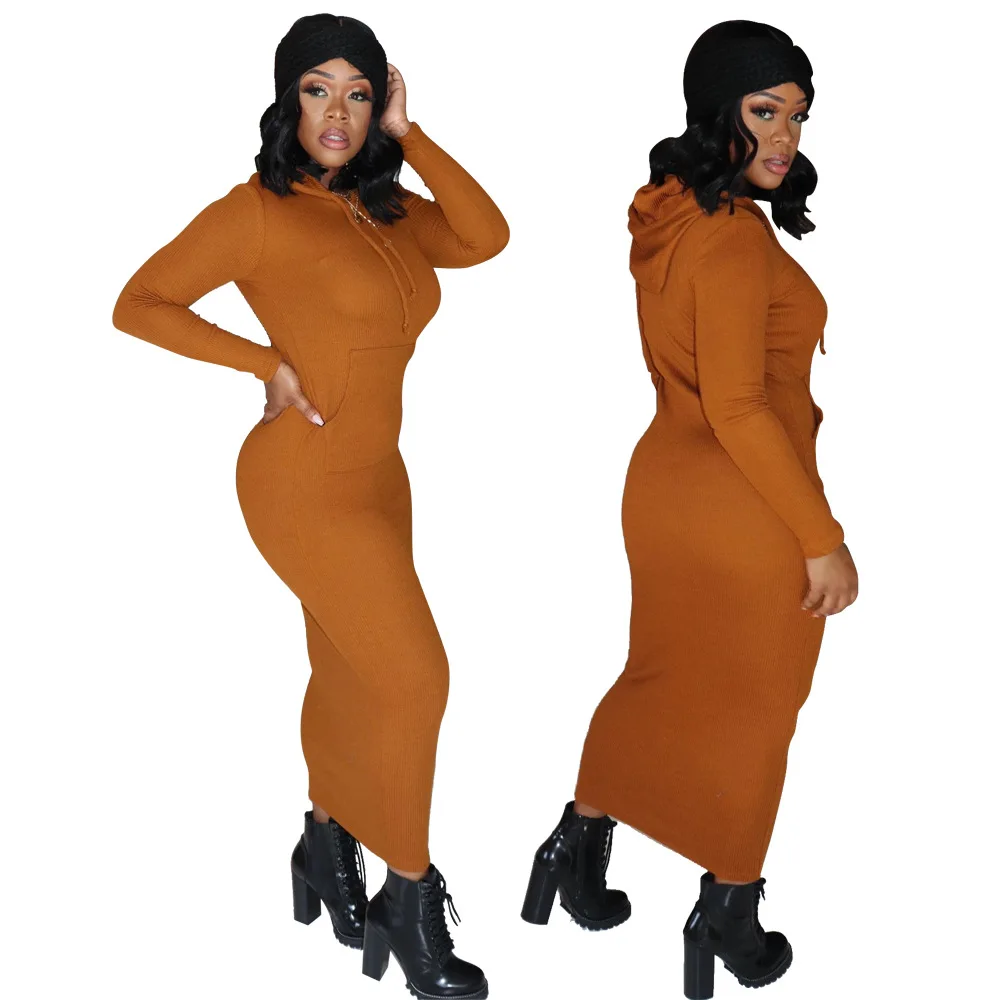 
OR8812 fashion autumn and winter solid color hooded knitted dress winter female long bodycon dress women clothes dress 