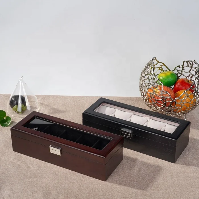 Factory Customized 5 Slot Watch Case Box Luxury MDF Wooden Ashlar Veneer Watch Boxes with Clear Lid