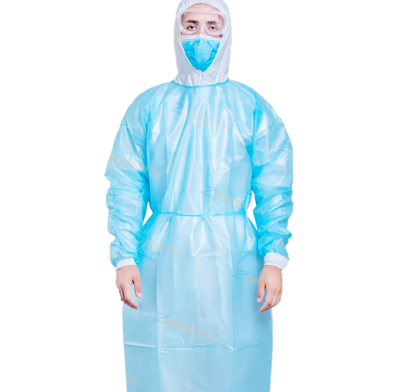 Cheap Price 45GSM Blue Color Disposable PP/PE Isolation Gown with Thumb Loop Knit Cuffs Best Selling AAMI Level 3
