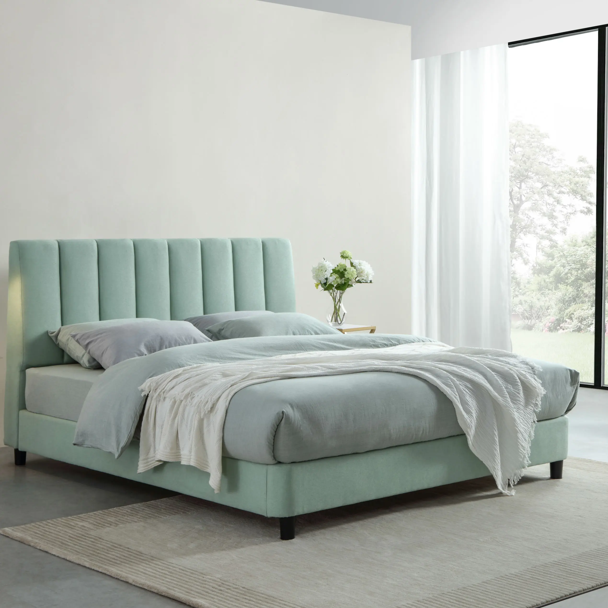 AIDI Cheap Thick Headboard Button Tufted Sleigh Fabric Wood Bed