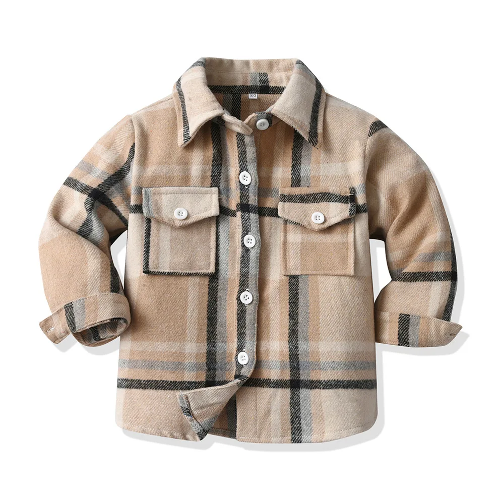 1Pcs Logo Children Plaid Brushed Long Sleeved Cardigan Autumn Lapel Single Breasted Top Casual Coat