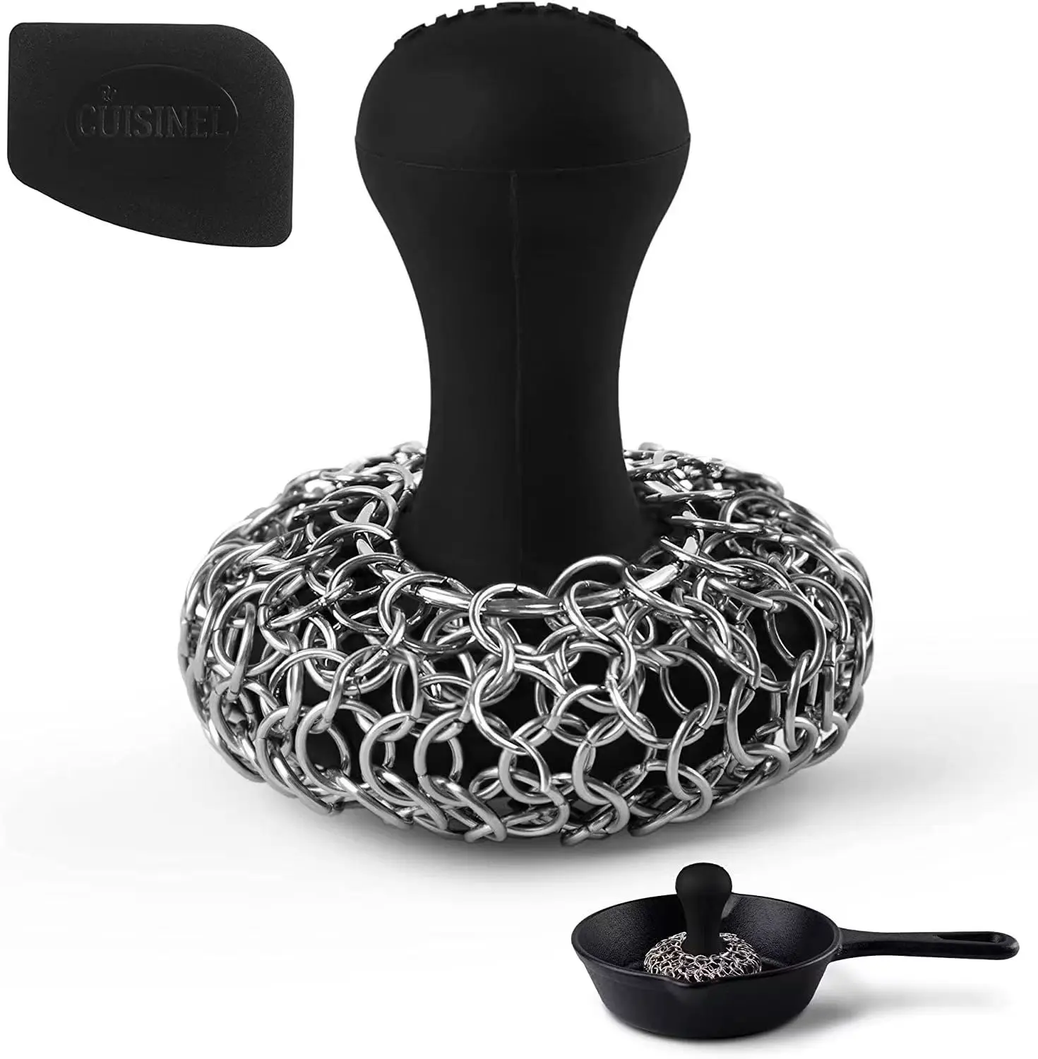 New Design 316 Stainless Steel Chain Mail Silicone Insert Cast Iron Cleaner Chain Mail Scrubber