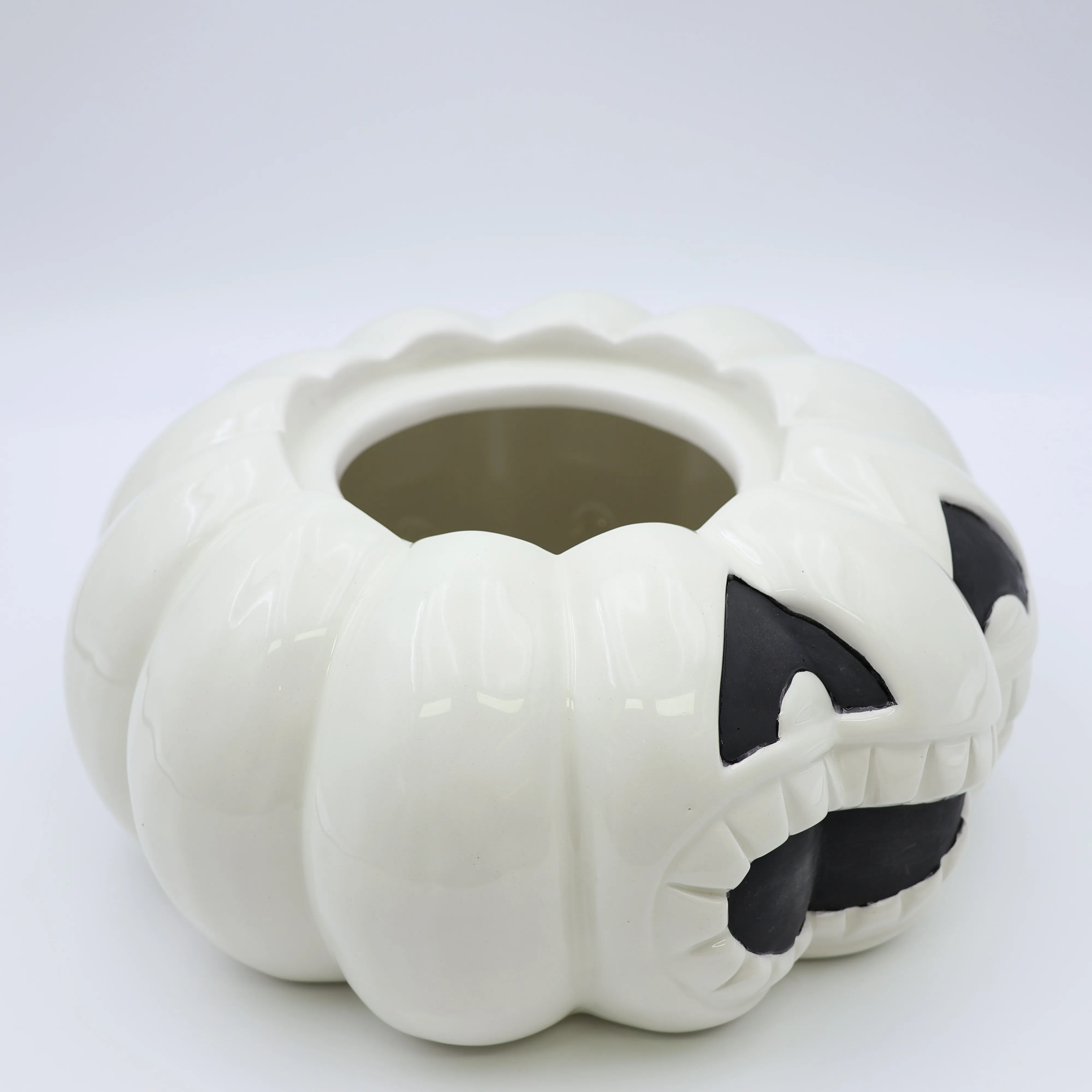 Custom Halloween cookie candy storage canister container decor round and flat large white Jack face pumpkin ceramic jar with lid