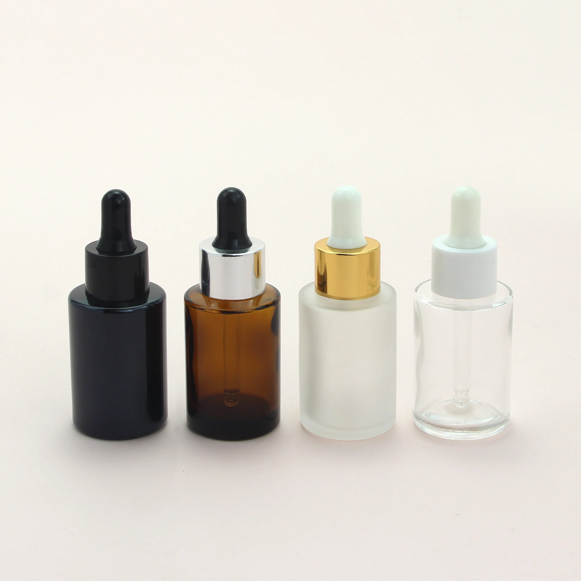 Wholesale 30ml 1oz Face Serum Oil Bottles Clear Frosted Amber Black Flat Shoulder Glass Dropper Bottle