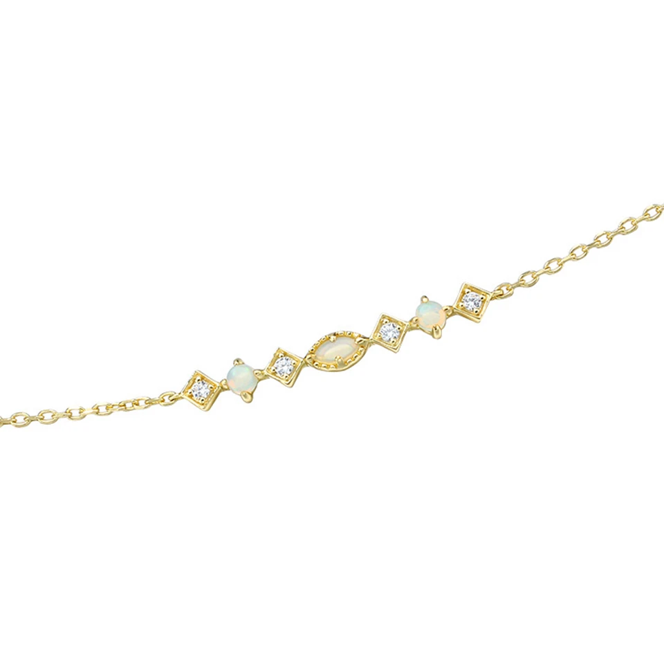 925 Sterling Silver 14K Gold Plated Gemstone Cz Zircon Geometric Rhombus Square Round Australian Opal Bracelet