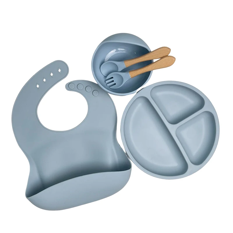 High quality kids Safety Non-toxic Food Grade Bamboo Wooden Kids Handle Baby Feeding Silicone Fork And Spoon Set