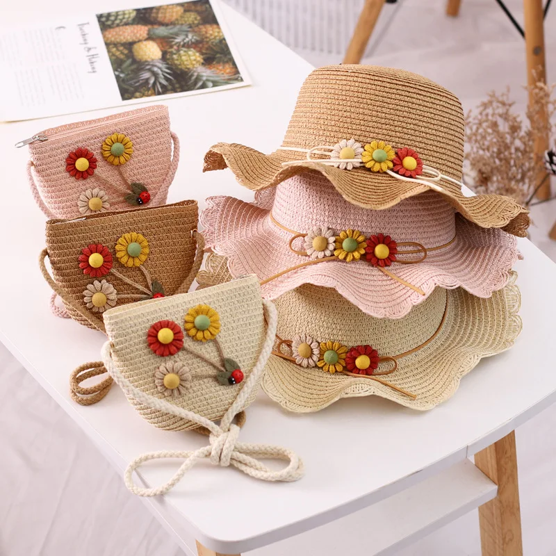 Kids Summer Pink Straw Hat Handbag Set Daisy Patch Lace Flower Band Girls Boater Straw Hats Children Beach Floppy Hat