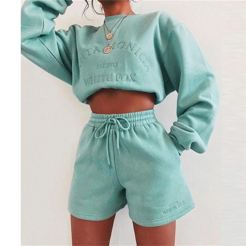 
Brown Pullover Sweatshirt Jogger Shorts Set Crewneck Sweatshirts Wholesale Sweat Shorts Set Loungewear Women Two Pieces Sets 