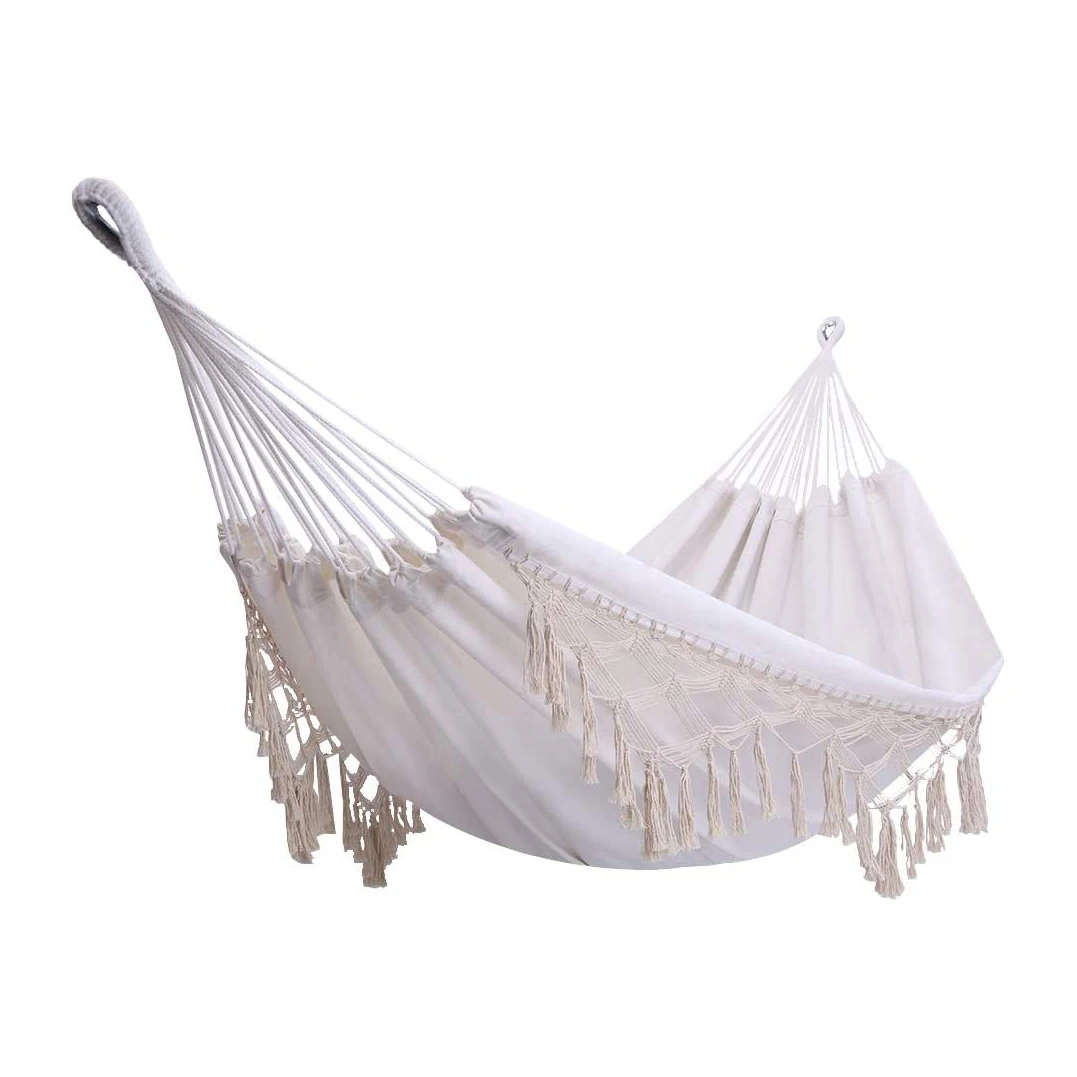 100% Handmade Tassels/Fringes White Canvas Boho Hammock Double 2 Person Macrame Hanging Brazilian Hammock Portable Cotton Rope
