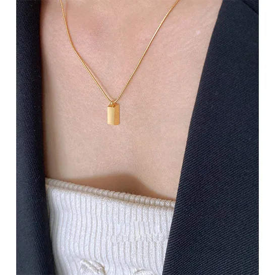 Stainless Steel Engraved Text Chocolate Shape Necklace Metal Gold Cube Brick Bar Bullion Pendant Necklace
