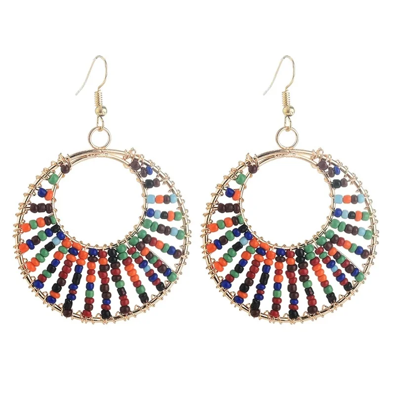 European and American hollow bohemian ethnic style geometric rice beads exquisite earrings
