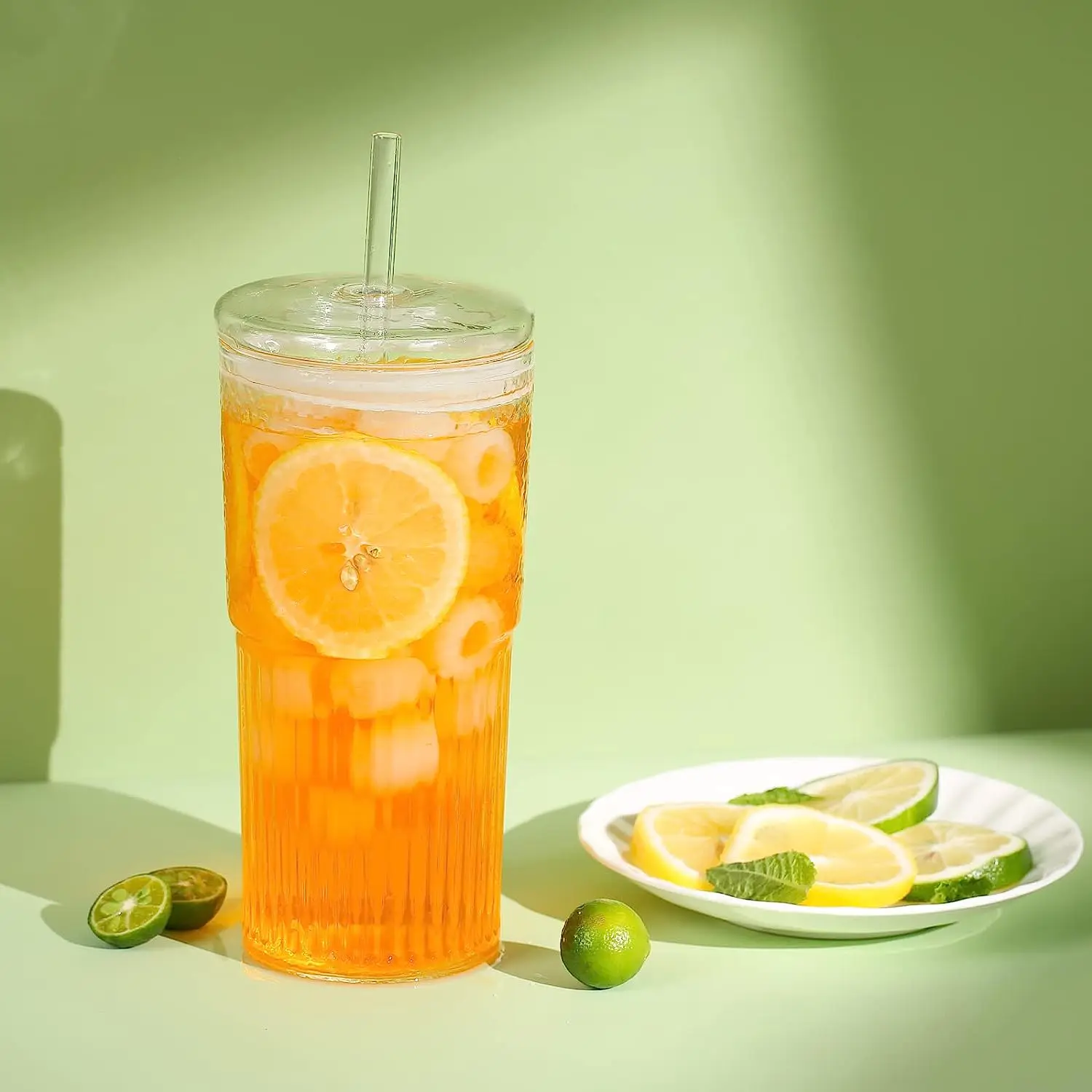 Hot Sale 32oz Transparent Stone Pattern Glass Straw Cup Mugs Coffee Water Clear Glass Cups