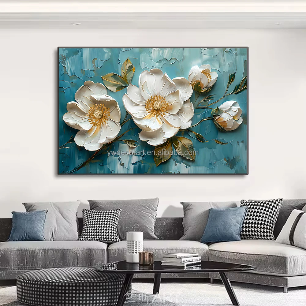 Custom Modern White Flower Canvas Painting Stereoscopic Style Framed Wall Art for Home Living Room Decor