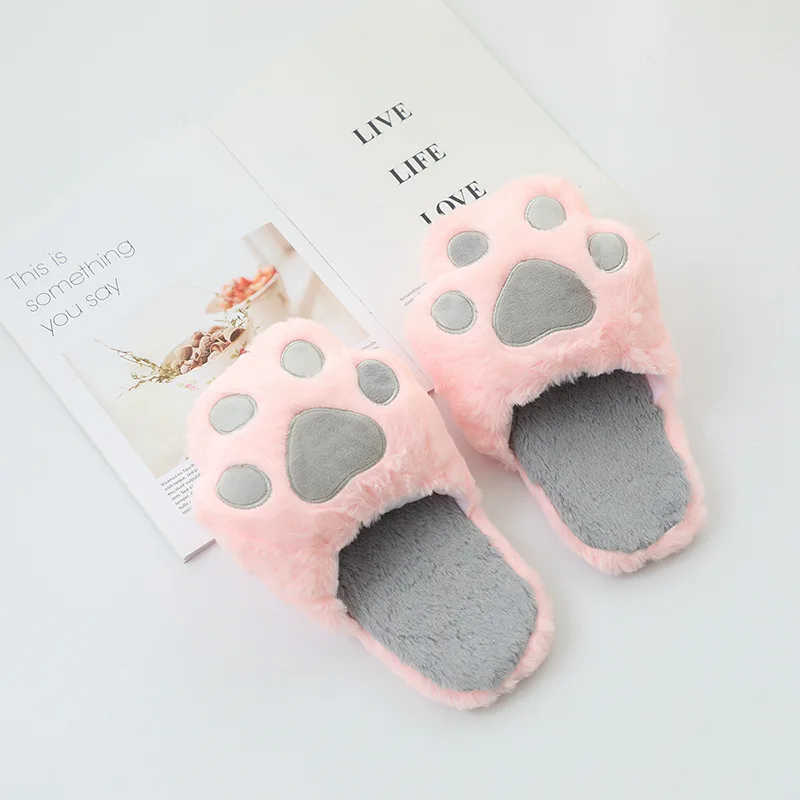 Fuzzy Plush Slippers Cats Pad Cartoon Animal Pink Grey Bear Paw Black Girls Anti-slip Indoor Floor Shoes