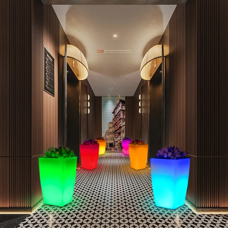 Square shaped planters LED cube bonsai light with multi colored