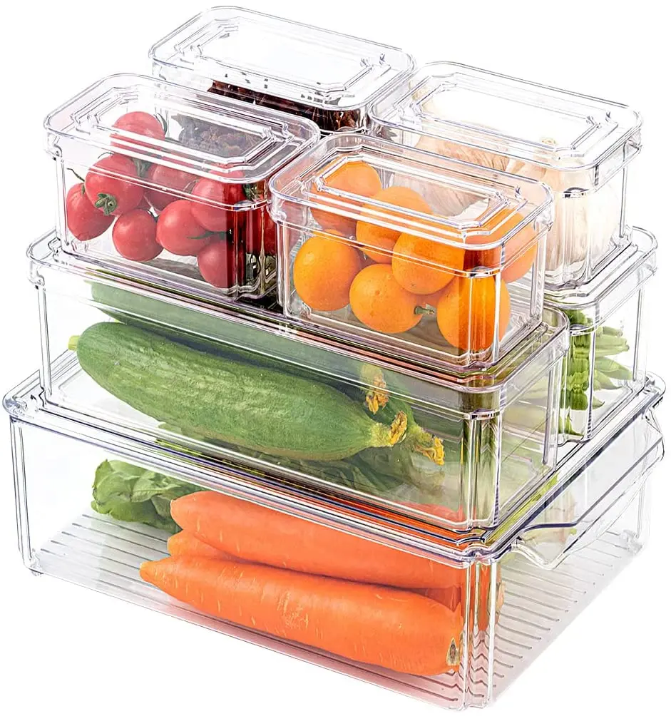 Wholesale Plastic PET Kitchen Container Storage Stackable Boxes Bins Refrigerator Drawer Fridge Organizer Food Storage Container