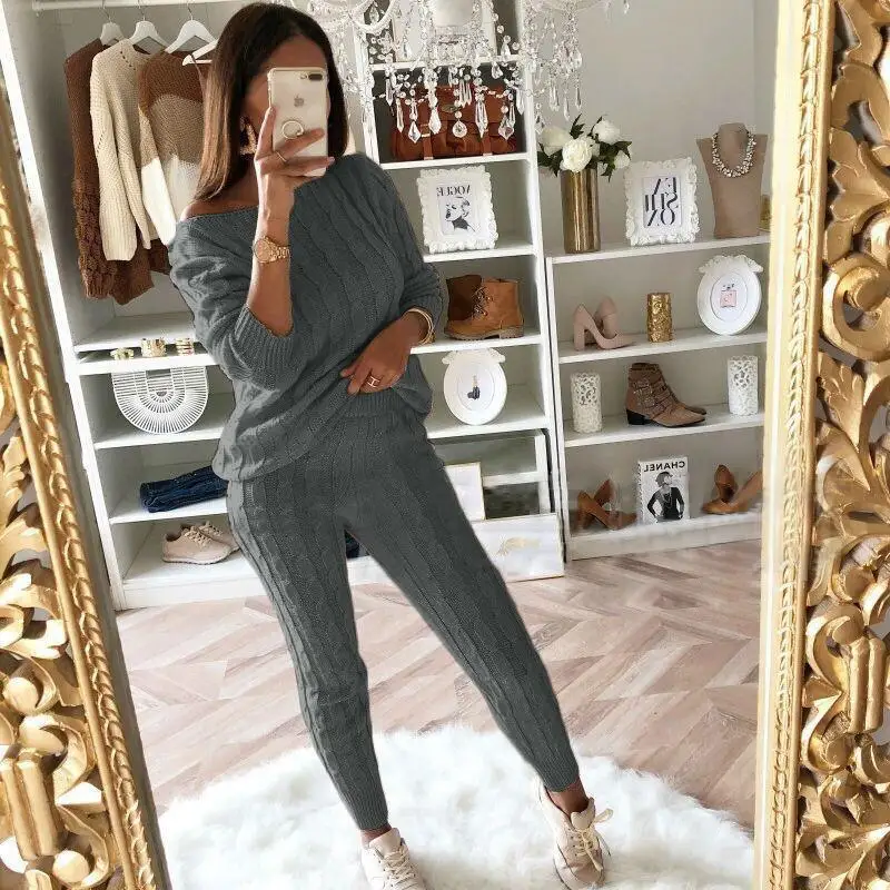 Winter Ladies O Neck Pullover Top Pants Sweater 2 Piece Set Sweater Suit Solid Color Oversized Knitted Sweater Set For Women