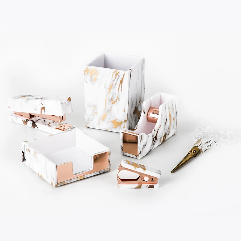 6 Pcs Acrylic Marble White Texture Desk Accessories Organizer Rose Gold Office Supplies Stationery Set