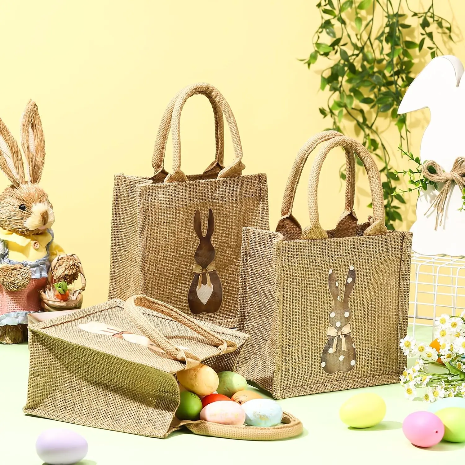 Pamela Easter Burlap Bags Bunny Jute Easter Baskets Spring Egg Hunts Candy Gift Tote Bag for Easter Kids Boys Girls