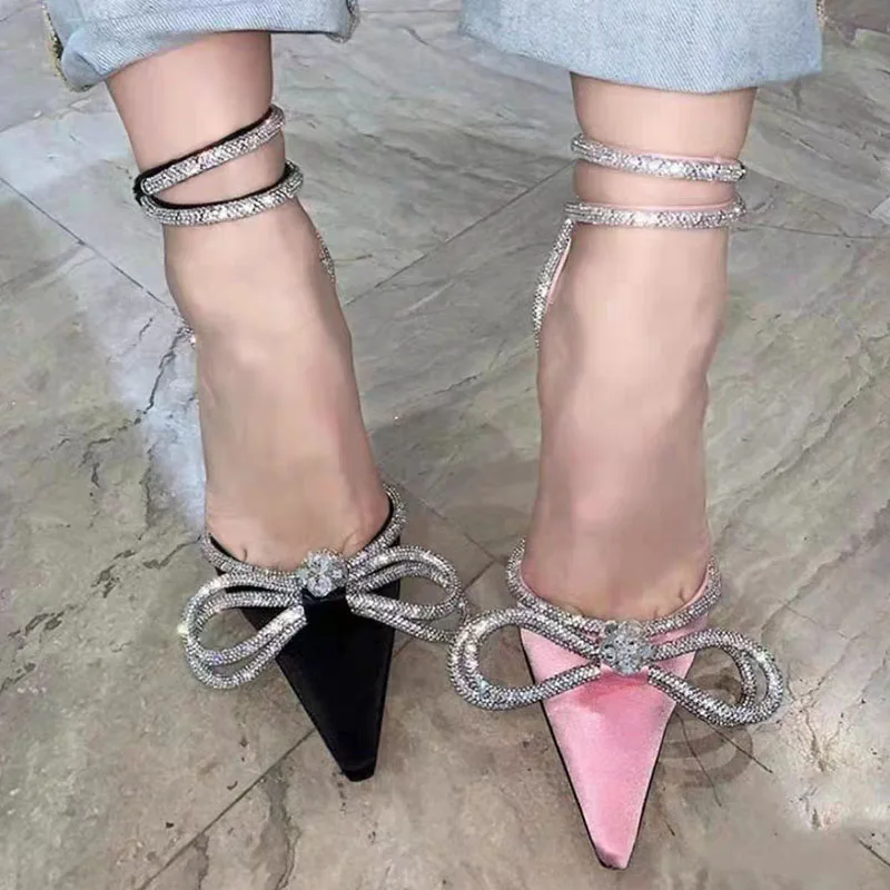 2022 New Rhinestone Bowknot Sandals Sexy Buckle Strap Ladies High Heel Pointed Toe Shoes Women Silk  Crystal Bow Heeled Sandals