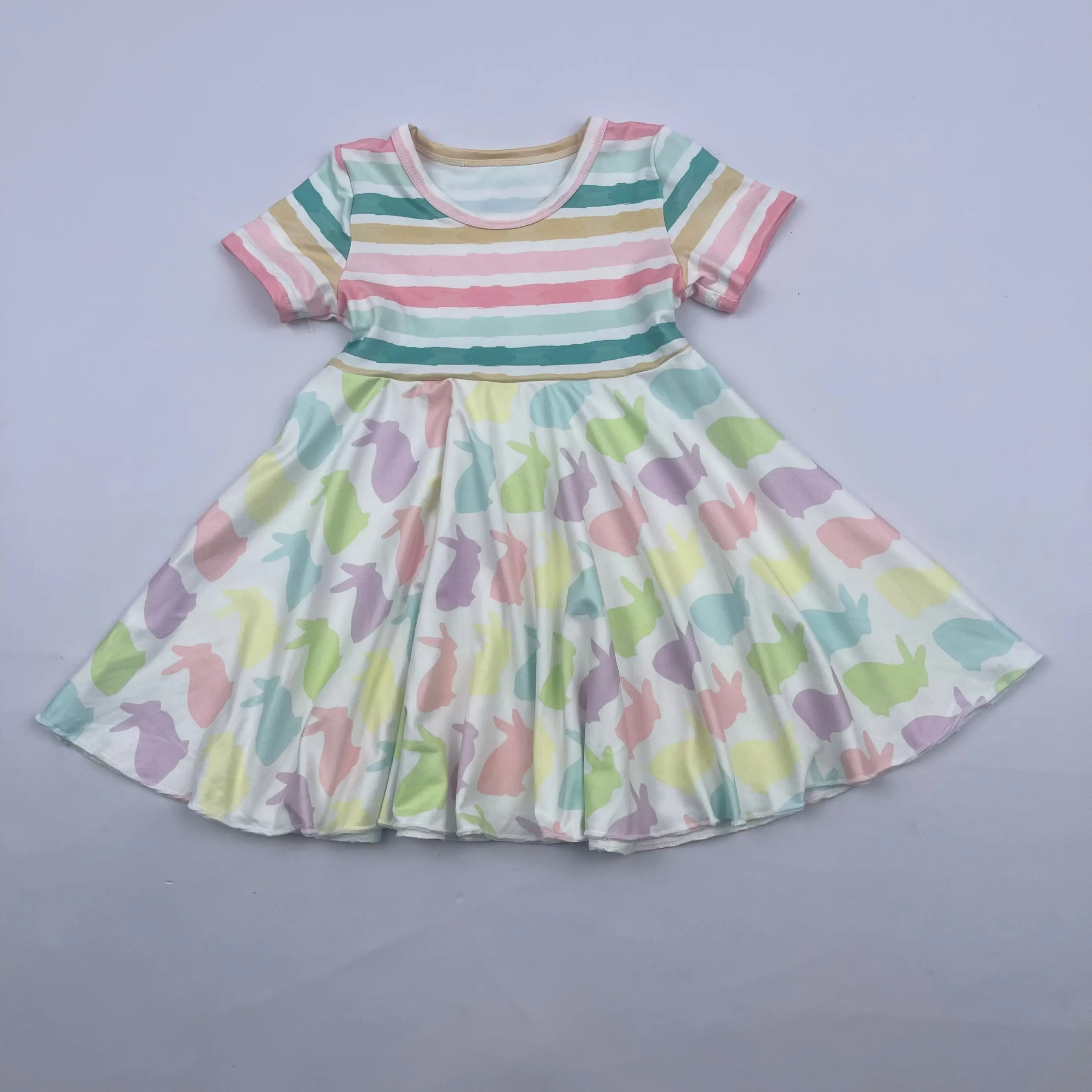 New Arrival Toddler Girls Clothes Children Wear Rabbit Print Casual Baby Girls Short Sleeve Twirl Dress For Easter
