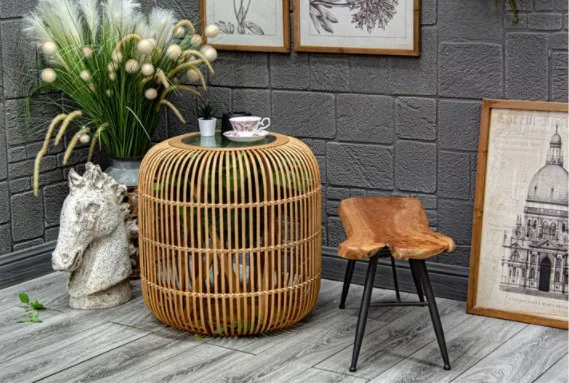 Round rattan art light luxury tea table rattan tea table bamboo woven design can receive small low table rattan stool