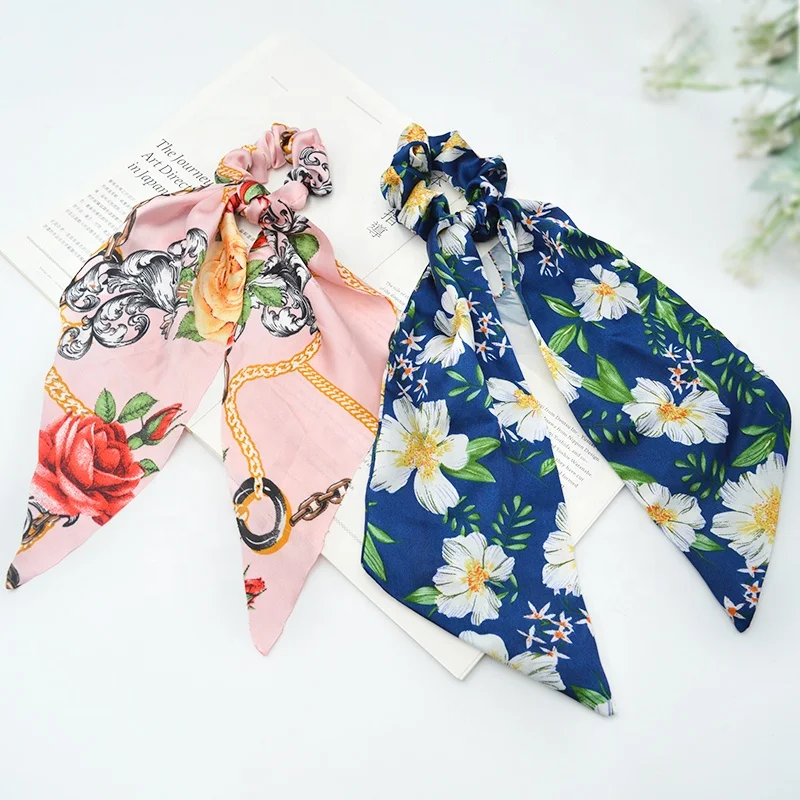 Gordon Hair Scrunchies Bowknot Satin Long Tail Elastics Ribbon Ear Bow Pattern Colors Scrunchy Scarf Scrunchie Vintage Ponytail