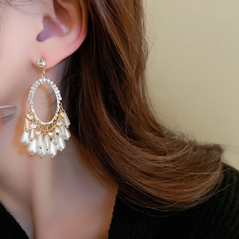 Rhinestone Oval Waterdrop Crystal Pearl Tassel Drop Earrings Retro Palace Style Earring Fashion Jewelry