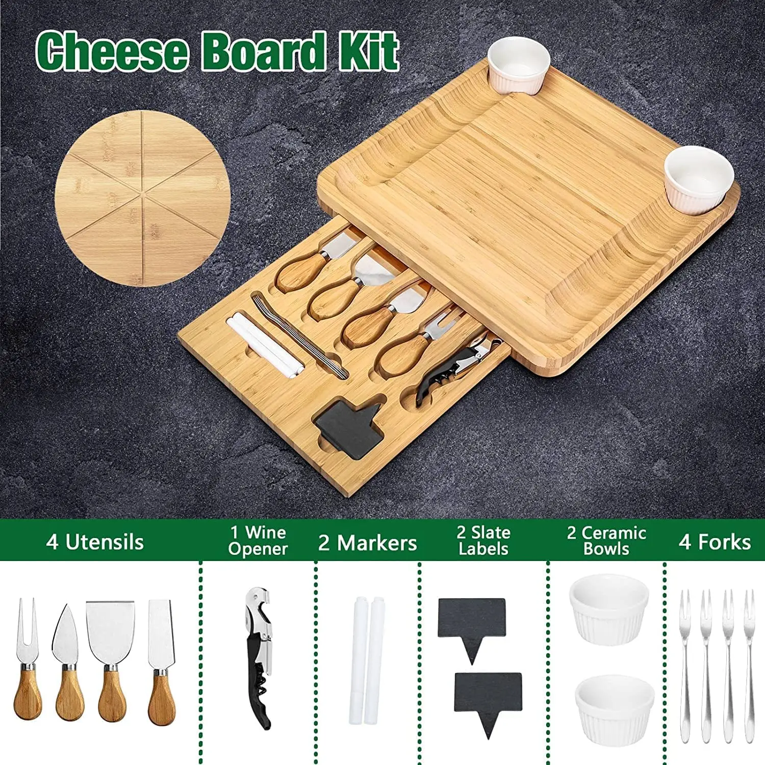 Bamboo Charcuterie Board Cheese Board Knife Set With Wood Bamboo Handle Cheese Board and Knife Set