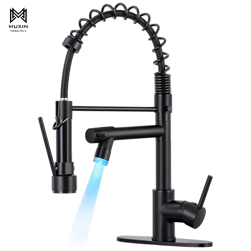 Modern Kitchen Sink Faucet with Pull Down Sprayer Matte Black Single Handle Kitchen Faucets with LED Light