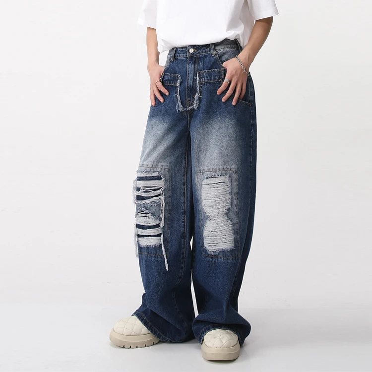OEM factory Custom men ripped jeans hip hop loose fit jeans men jeans men denim