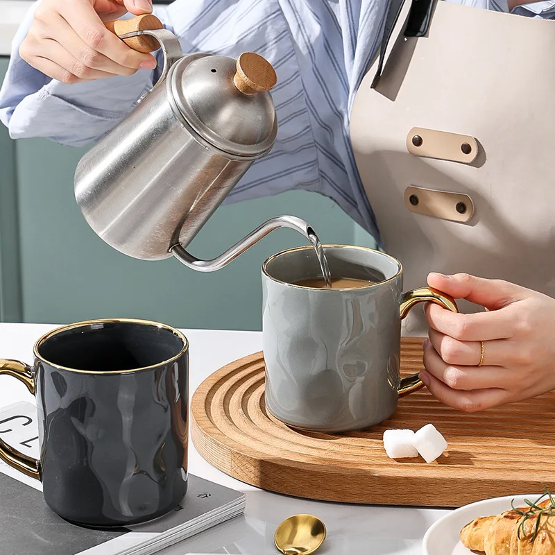 Wholesale cheap Nordic espresso couple cups solid color glazed ceramic coffee mug with golden rim