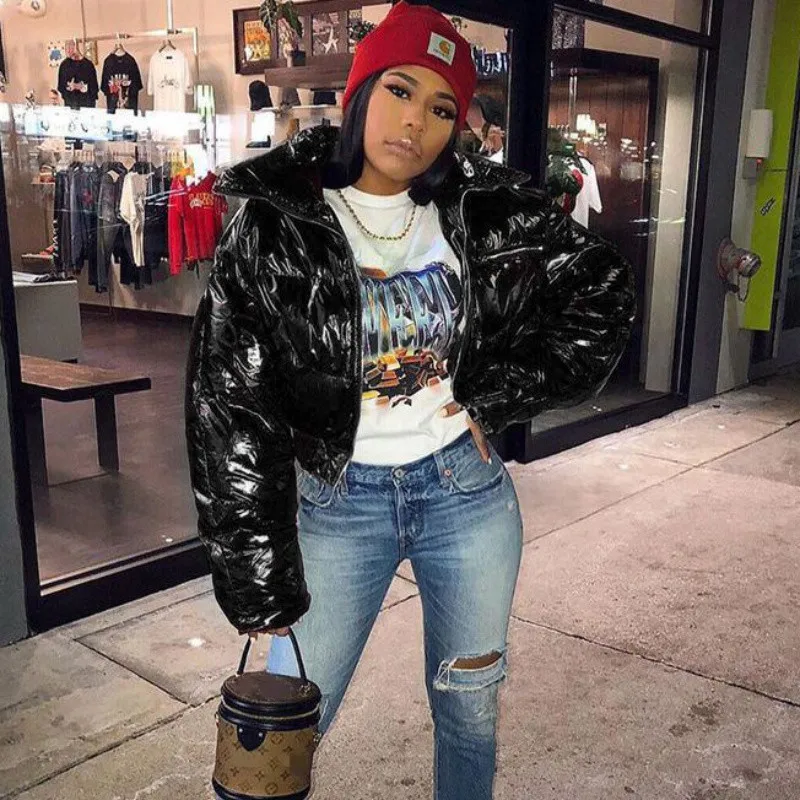 2021 Fashion Turndown Collar Long Sleeve Bubble Coats Cropped Short Winter Coat Women PU Jackets Puffer Coats For Ladies-PT