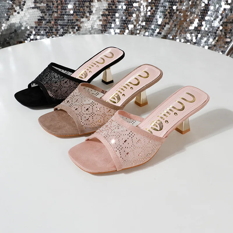 BUSY GIRL YF4479 Ladies Shoes and Sandals 7cm High Heel slippers Mesh Rhinestone Suede Mules Custom Heels for