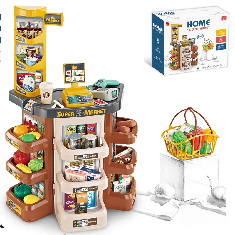 Kids Plastic Pretend Play Toys Set Supermarket Cash Register Toy Shopping Cart