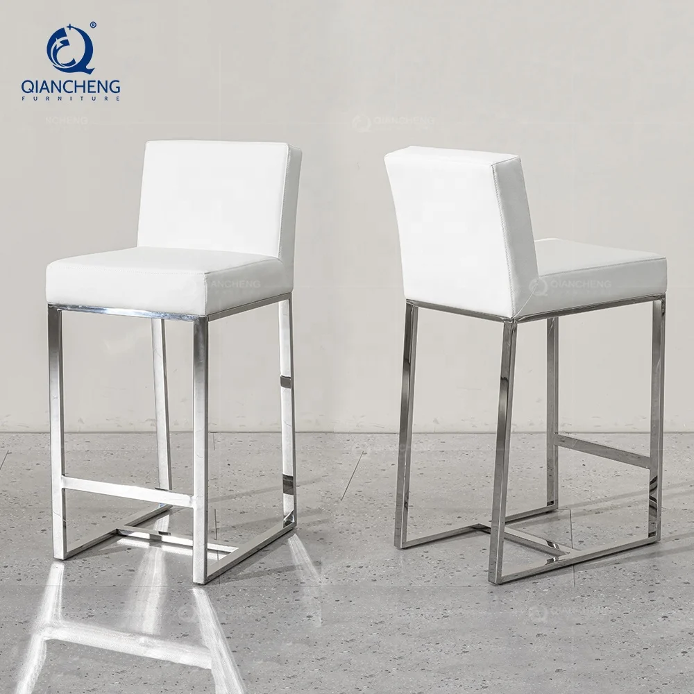 QIANCHENG high quality wholesale 201 304 stainless steel furniture tall high bar chair luxury white leather home barstool