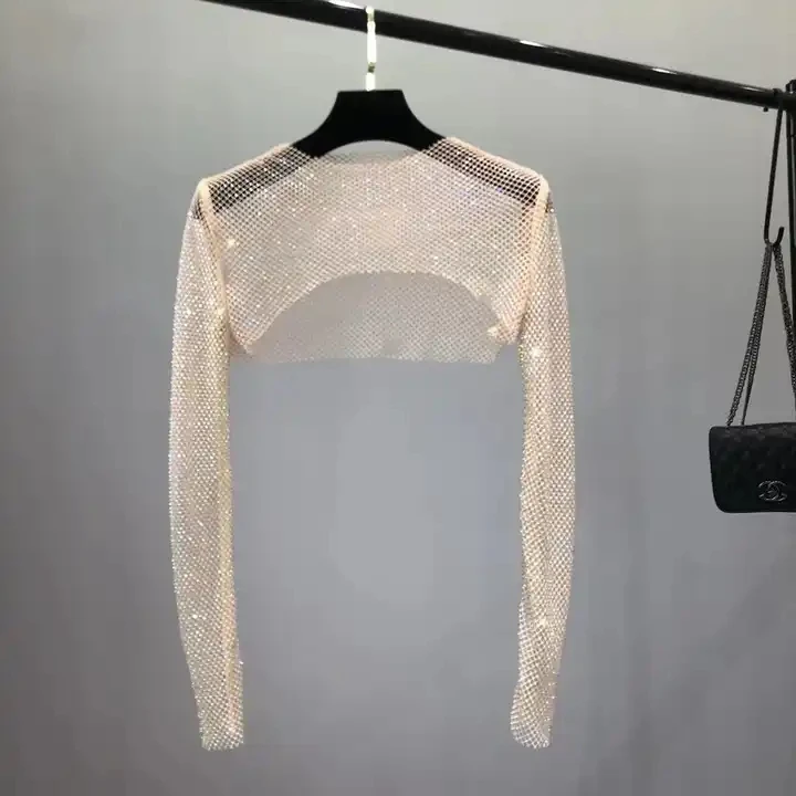 2024 Fashion Drill Short Pullover Long Sleeve Slip Skirt With Small Jacket Rhinestones Mesh Elastic Fishnet Top Wholesale