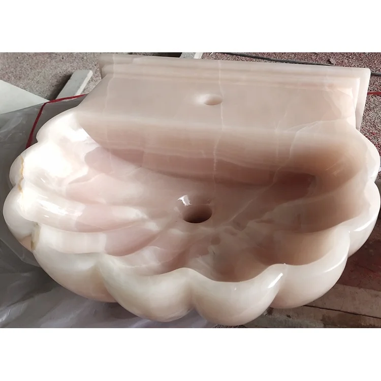 Small size natural stone marble shell shaped wall hung pink onyx bathroom sinks