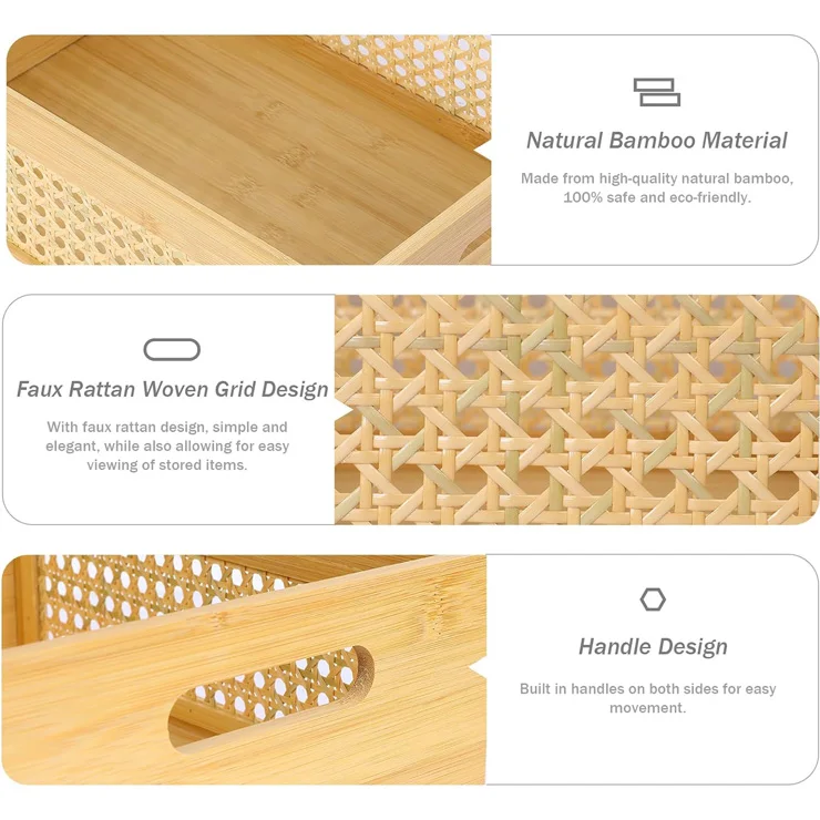3 PCS Natural Bamboo Storage Bins Set Faux Rattan Frame Basket Bamboo Storage Basket Kitchen Storage Basket With Bamboo