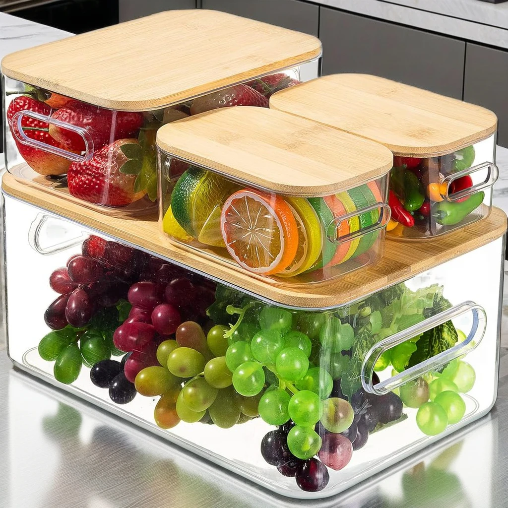 29765 Food storage container with Eco-Friendly - Bamboo lids,set of 4, Kitchen stackable storage box for fridge freezer Food