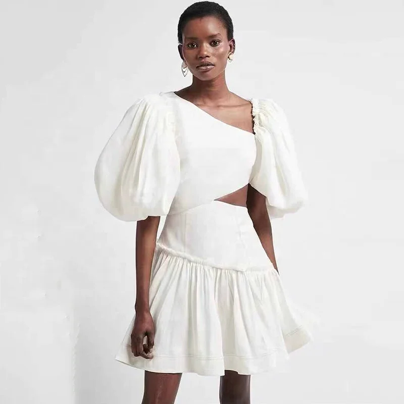 2021 New Fashion High Quality Yellow White Puff Sleeve Cutout Ladies Dresses Summer Casual Dresses Women