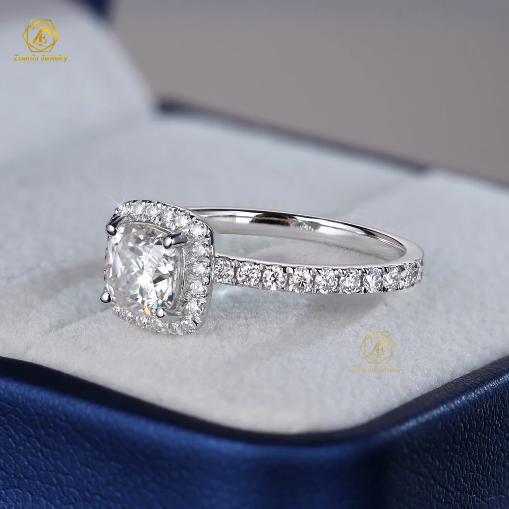 Moissanite Rings VVS 6*6mm 1CT Cushion Cut Moissanite Halo With Small Stones Silver Ring 925 Sterling Wedding Engagement Ring