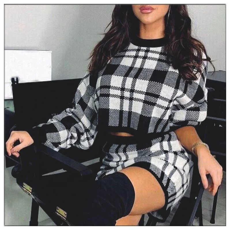 Женское трикотажное платье-свитер средней длины повседневное Короткое шерстяное платье в клетку с длинным рукавом и круглым вырезом Осень-зима 2022
