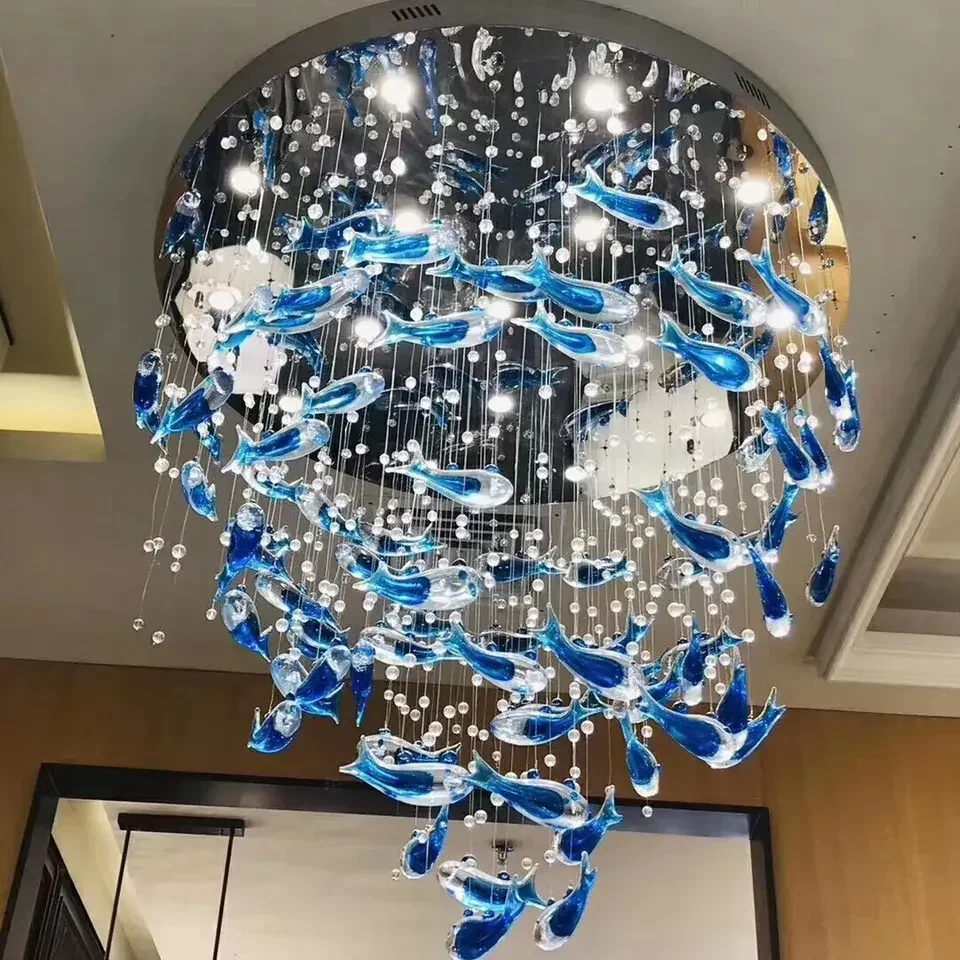 Customized interior decoration with large blue fish shaped artistic glass chandelier for hotel lobby corridors