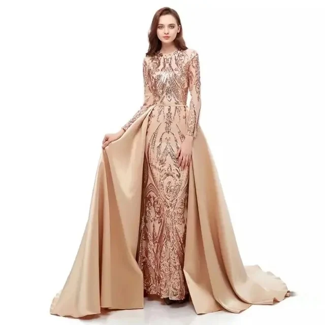 Vestidos De Festa sequin long sleeve gown party dresses women evening elegance dress with detachable train