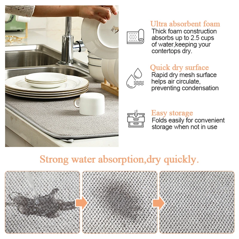 Dish Drying Mat for Kitchen Counter Absorbent Microfiber Dishes Drainer Mats Large Drying Pad for Countertop