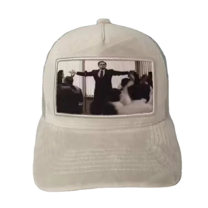 Front printing picture 5 panel black velvet trucker cap with custom patch